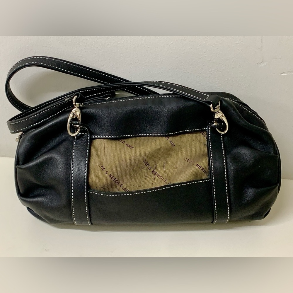 Y2K Vtg Black Leather Lee's Needle Art Handbag Purse